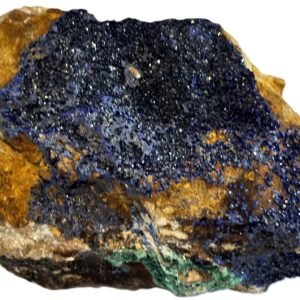 Raw azurite and malachite freeform mineral specimen with deep blue crystalline crust on natural matrix